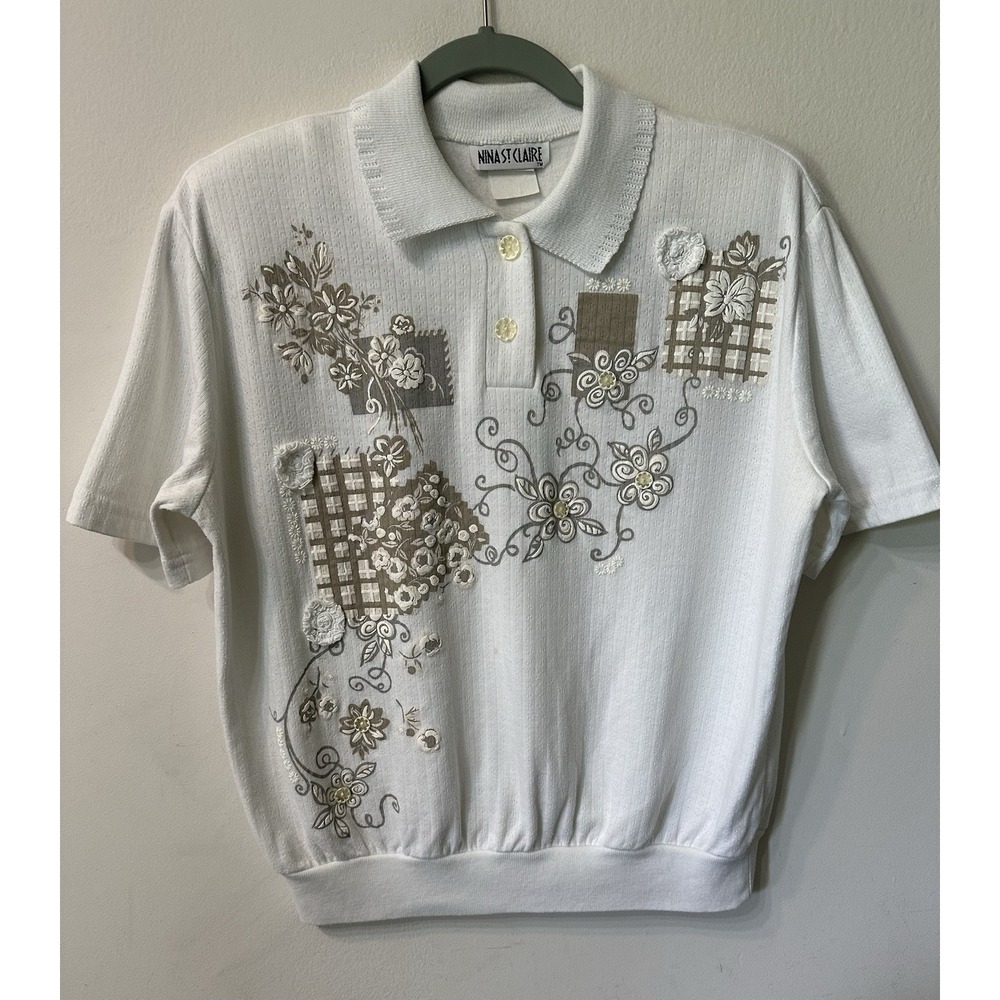 Vintage Nina St Claire Womens Floral Embroidered Polo Top M Sweater Short Sleeve